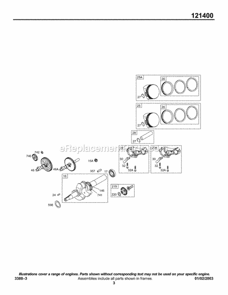 Cam Crankshaft Piston Group Diagram and Parts List for 121493-0110-E1  Briggs and Stratton Engine